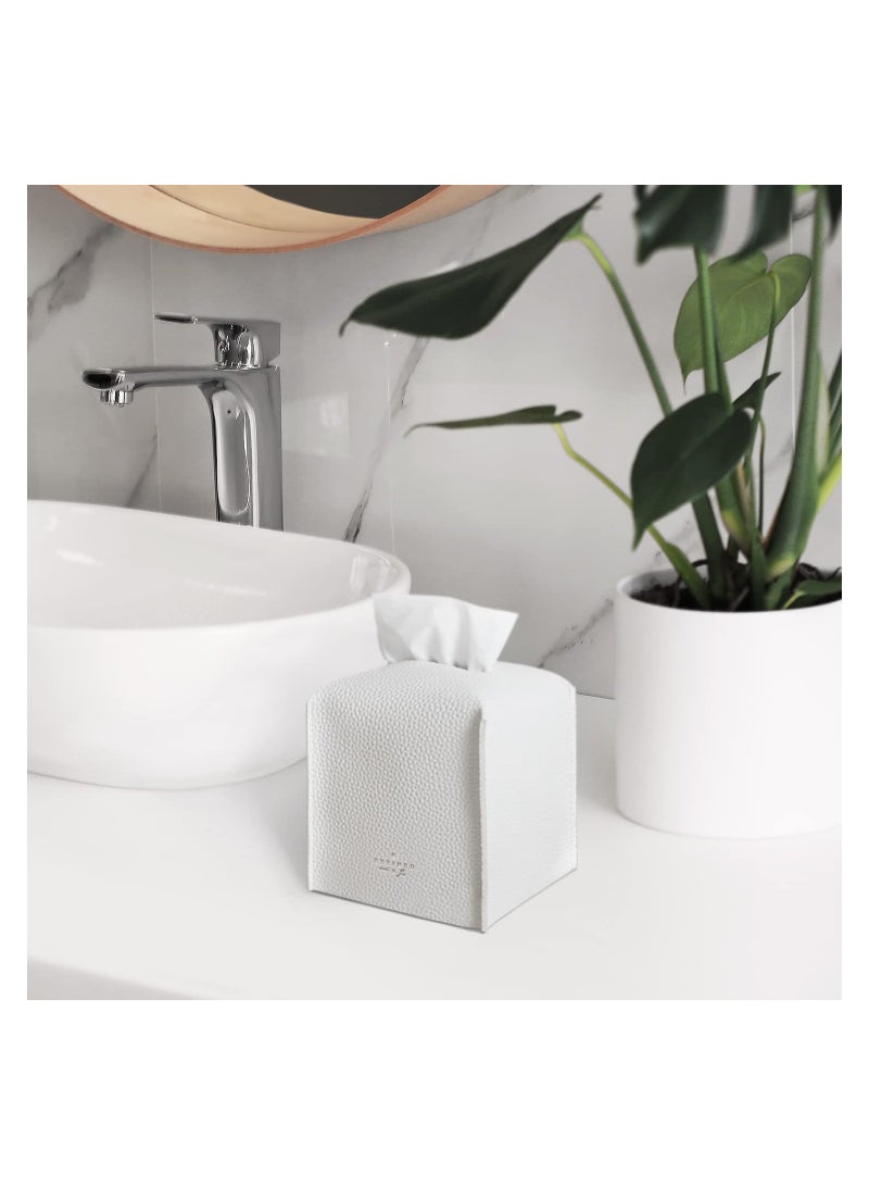 Tissue Box Cover Modern Pu Leather Square Tissue Box Holder Decorative Holder For Organizer For Bathroom Vanity Countertop Night Stands Office Desk Car - White - Image 3